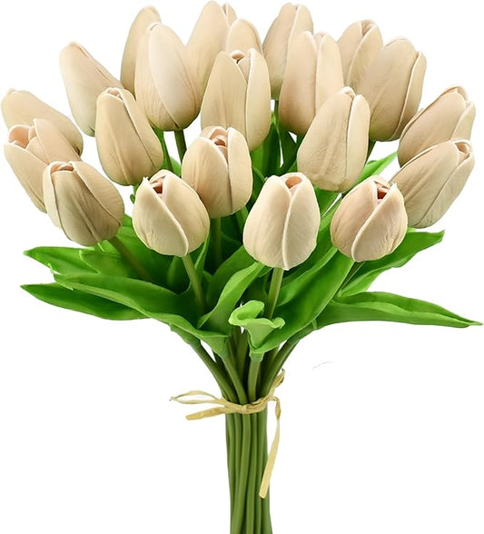 Mandy's Light Brown Artificial Tulips Flowers Centerpiece, 13.5" Lifelike PU Fake Floral Stems 20pcs for Kitchen Island & Dining Table, Spring Decor for Easter