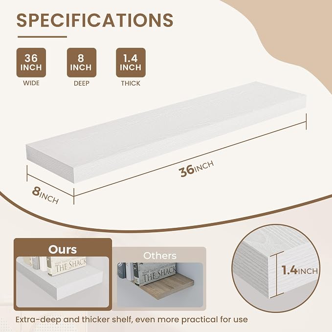 Dreamland 36 Inches Floating Shelves for Wall, 8" Deep Long Floating Shelves Set of 2, Large Display & Storage Shelf, Wall Shelf for Bathroom Bedroom Living Room Kitchen Office, White