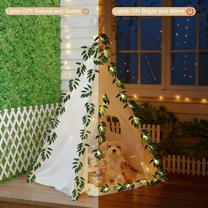 RECUTMS Willow Leaves String Lights 2Packs Artificial Leaf Rattan Light Hanging Vine 20LEDs Battery Operated Ivy Greenery for Home Wedding Party Wall Indoor Outdoor Decor