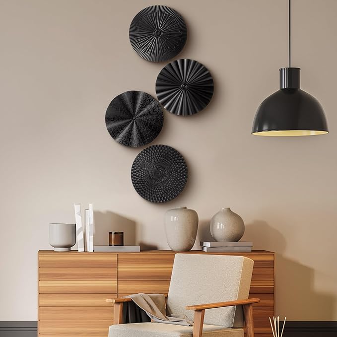 Hicarer 4 Pcs 12 Inch Metal Wall Art Decor Sunburst Hanging Metal Artwork Decor Wall Art Decorations for Home Living Room Office Gift for Christmas(Black)