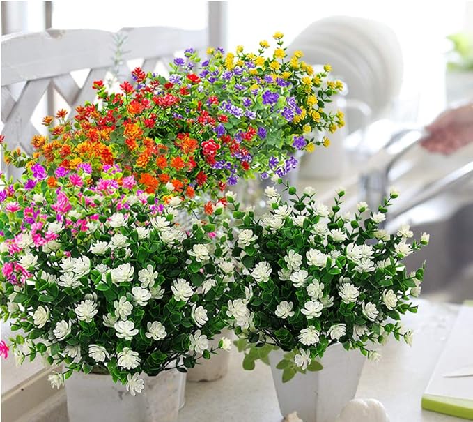 Grunyia 10 Bundles Artificial Fake Flowers, Faux Outdoor Plastic Plants UV Resistant Shrubs Outside Indoor Decorations (White-Eucalyptus)