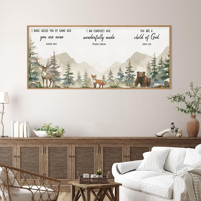 HPNIUB Woodland Animal Christian Framed Wall Art Set,Bible Verse Quote Wall Decor,Nature Forest Religious Art Print,Misty Forest Deer Bear Fox Artwork for Nursery,Kids Bedroom,Study Room-20"x40"