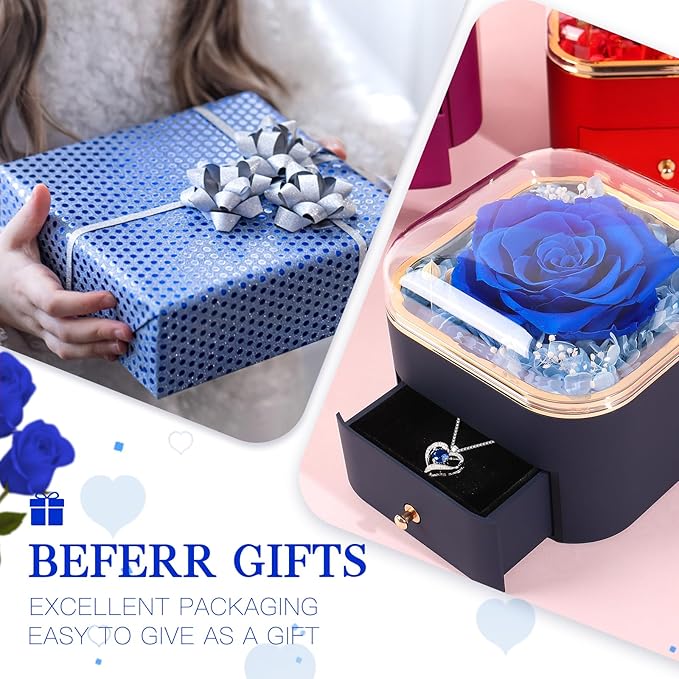 Beferr Gifts for Mom Preserved Real Blue Rose with Necklace Eternal Roses Forever Flowers for Delivery Christmas Anniversary Birthday Mothers Day Flower for Women Her Grandma Wife Daughter Girlfriend