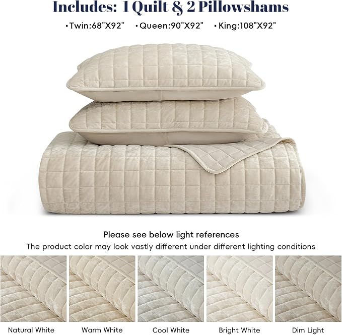 PHF Luxurious Velvet Quilt Set King Size – 3PCS Super Soft Quilted Comforter Alternative with Square-Box Quilt Pattern, Warm Quilted Bedspread Coverlet, 108" x 92", Sand