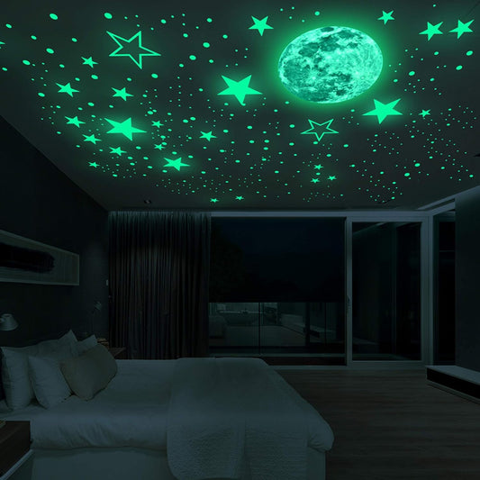 Luminous Wall Decals Ceiling Stickers Glow in The Dark Moon and Stars Starry Sky Shining Decals Room Decoration Perfect Gifts for Kids Bedroom Bedding Room, 1 Moon + 436 Stars and Dots