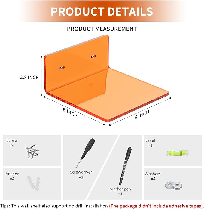 Sezanrpt 6 Inches Small Orange Wall Shelves Set of 2, Wall Mounted Display Shelf Rack for Bedroom, Living Room, Smart Speaker, Clock, Decoration, 2 Pack