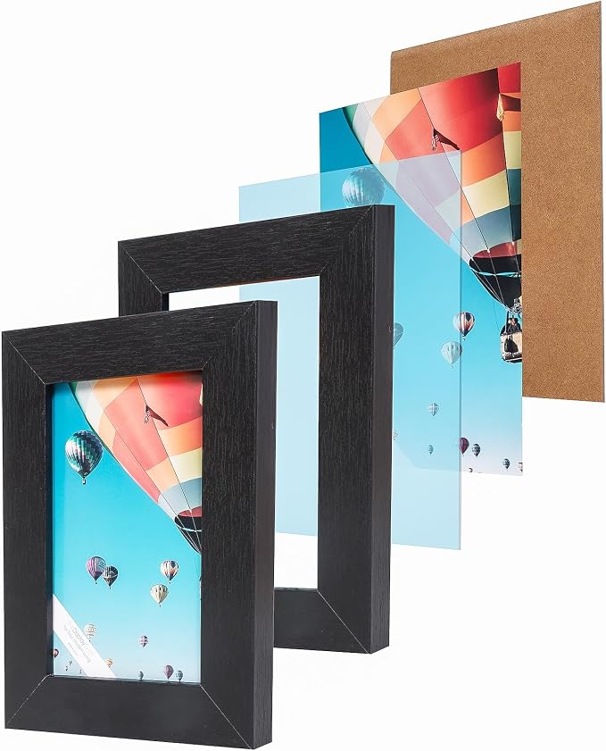 The Display Guys - Black Wooden Minimalist Picture Frames Set - Tempered Glass - 4x6 - Tabletop Easel - 6-Pack