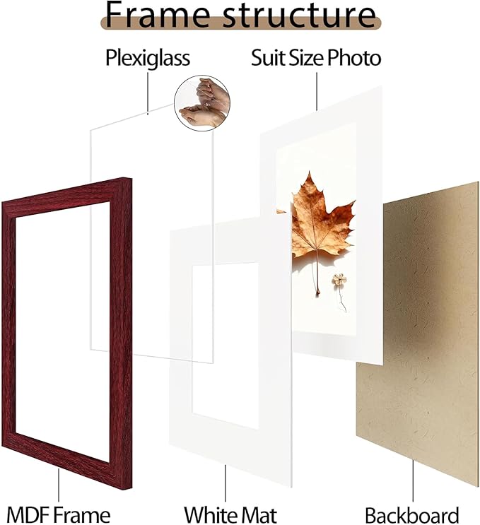 Picrit 11x17 Picture Frame Set of 12, Display 8x12 with Mat or 11x17 without Mat, Photo Frames for Wall Mounting Display, Dark Red Wood