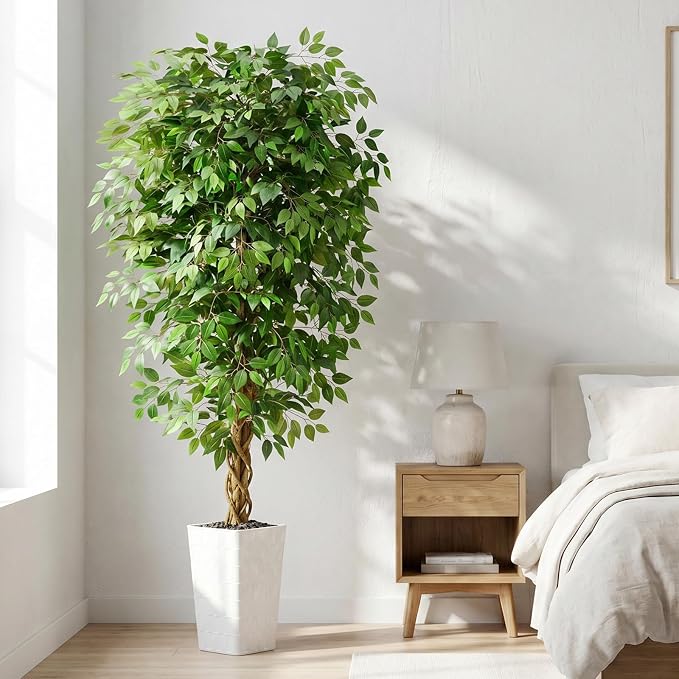 Artificial Ficus Tree 6FT Faux Floor Tree with Planter UV Resistant Potted Fake Silk Plant - Indoor Outdoor Lifelike Fake Ficus Tree for Home, Living Room Bedroom Topiary Tree