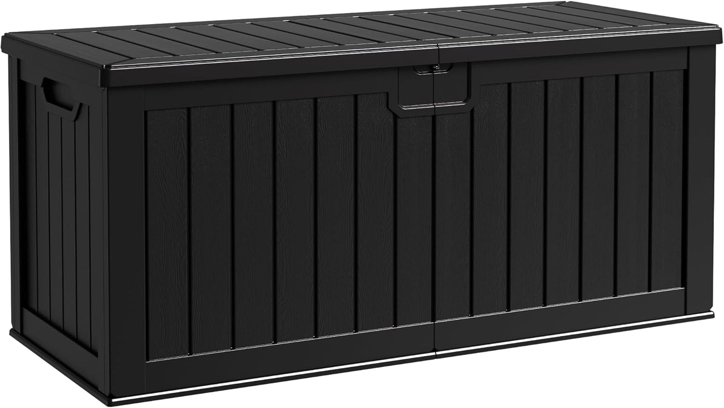 Flamaker Resin Deck Box 250 Gallon, Waterproof Imitation-Wood Lockable Storage Box with Separator Plate Outdoor Indoor, Garden, Patio Furniture for Tools&Pool Accessories (Black)