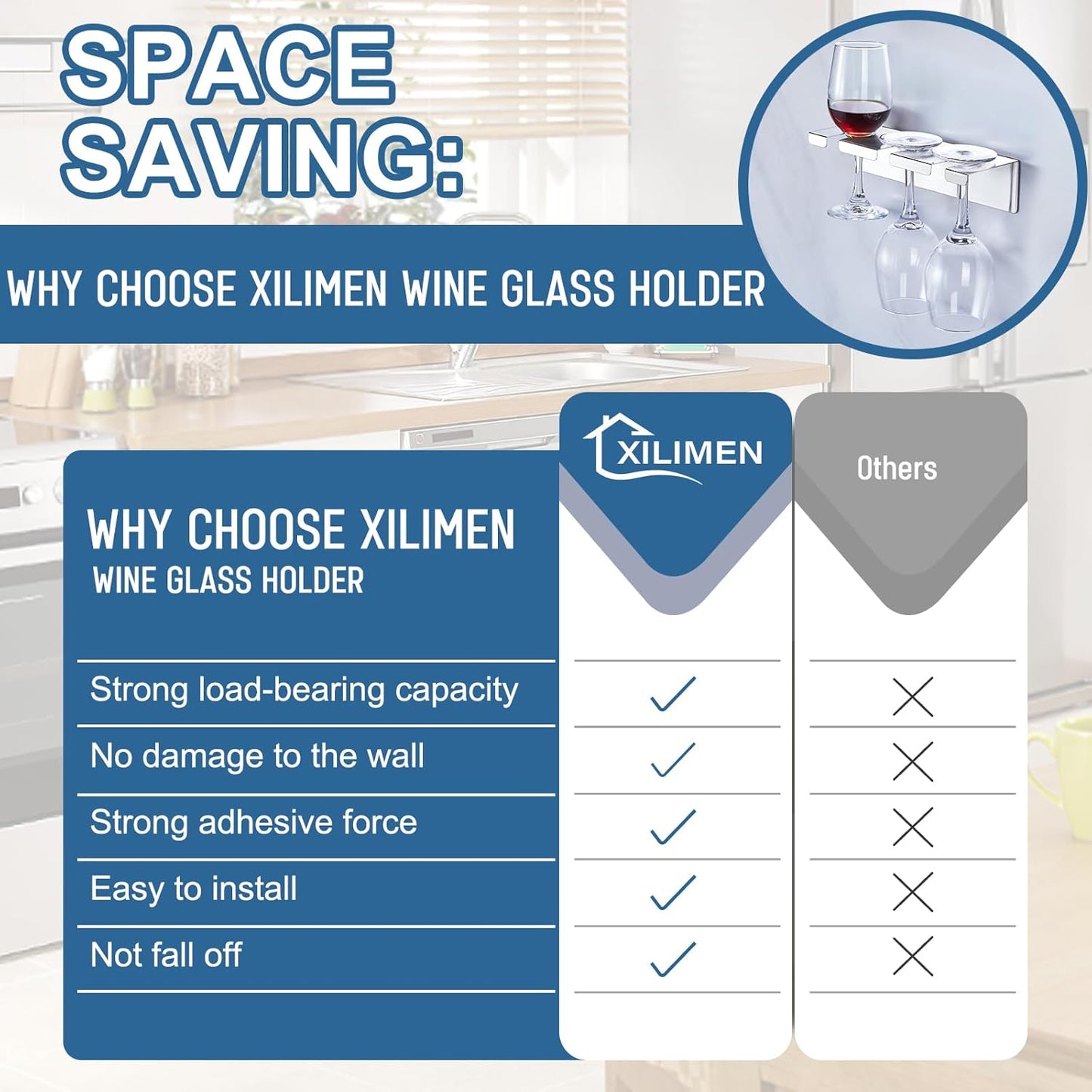 Wine Glass Holder Wine Glass Drying Rack Stainless Steel Hanging Stemware Rack Wall Mounted Adhesive Hanging Wine Glass Organizer Stemware Holder for Bar Restaurant Kitchen 2 Pack