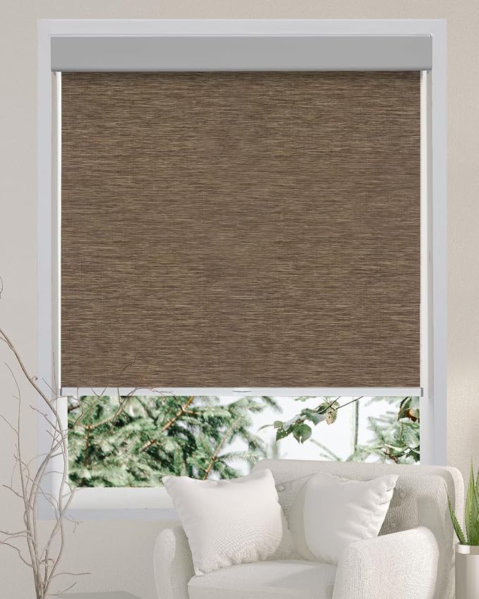Persilux Free-Stop Cordless 100% Blackout Roller Window Shades for Home, Natural Woven Fabric UV Protection Privacy Roller Shades for Windows Blinds for Sliding Glass Doors, Bedroom, Brown 34"W x 64"H