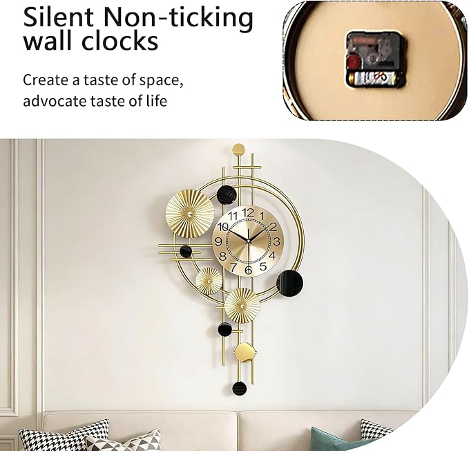 Large Wall Clocks for Living Room,Silent Non Ticking,Battery Operated Oversized Round Modern Wall Clock for Bedroom,Farmhouse,Office Wall Decor-17.8x30.7Inch(Golden)
