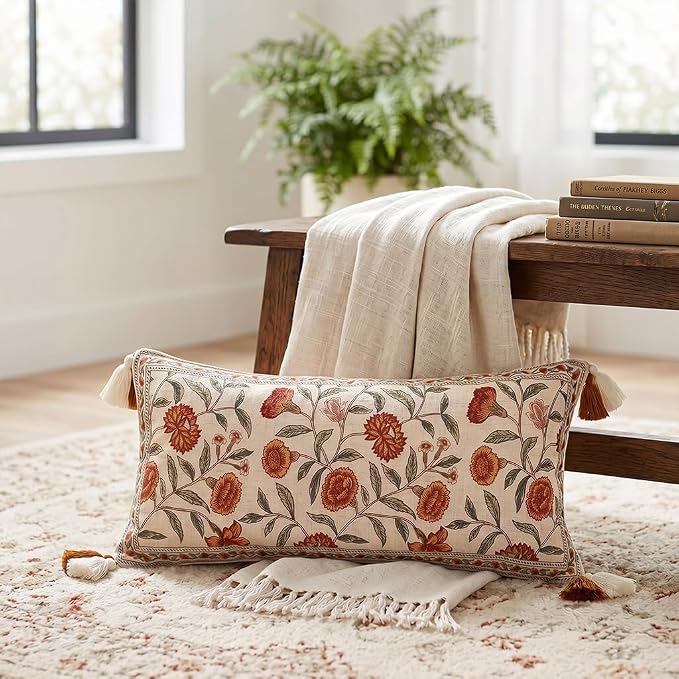 ISAENNE French Elegant Linen Rectangle Throw Pillow Cover,28"x12"-Albano A | Designer Vintage Pillow Cover,Concealed Zipper Design,Orange Floral Pattern,Sofa,Bedroom,Living Room,Lounge Chairs