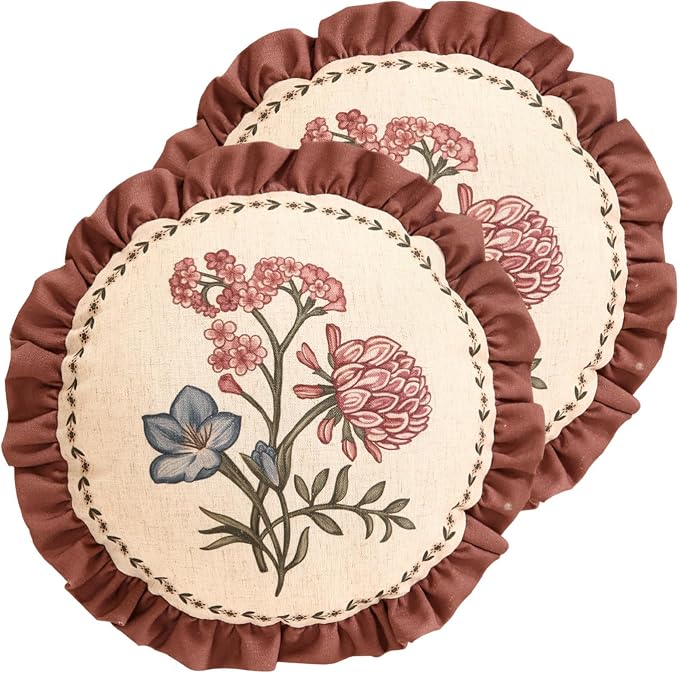 ISAENNE Designer Linen Throw Pillow Cover,Set of 2,Diameter 16"-Helena D | Vintage Elegant Round Decor Pillow Cover,Concealed Zipper Design,Floral Pattern,Sofas,Bedroom,Living Room,Lounge Chairs