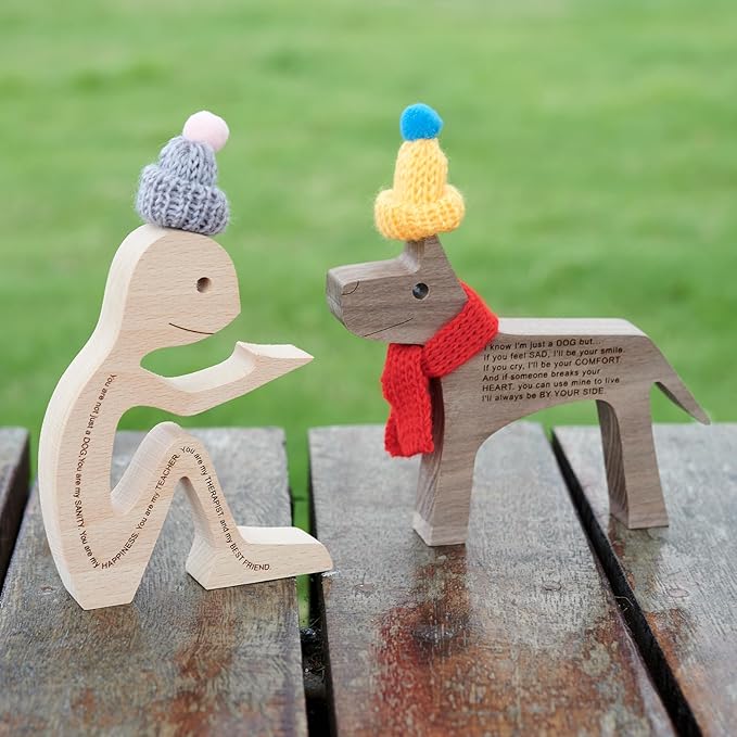 Humen and Dog Craft Figurine Desktop Table Ornament Wood Men Dog Model Creative Home Office Decoration Gift Lovely with Hat and Red Scarf(Large Size)