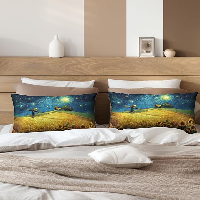 Fall Lumbar Throw Pillow Covers 12x20 Set of 2 Autumn Sunflower Wheat Field Harvest Pillow Covers Scarecrow Under Van Gogh Starry Night Rectangular Pillowcase for Home Decor Couch