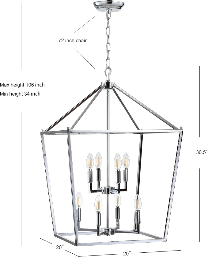 JONATHAN Y 20" Chrome Lantern Pendant Light, 1-Light Pagoda Style Metal Cage Farmhouse Hanging Ceiling Fixture for Kitchen Island, LED Bulb Included (JYL7438C)