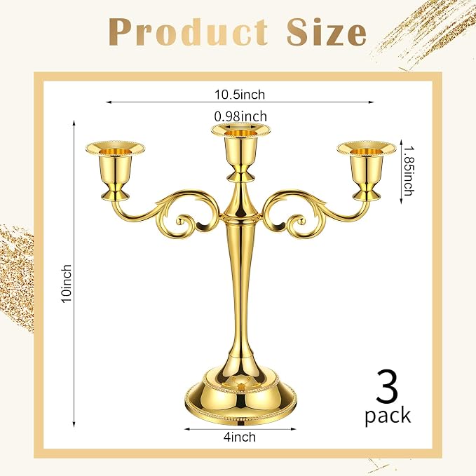 Dandat 3 Pcs 3 Arm Metal Candelabra Candlestick Holders Tall Candlestick Holders Gothic Candle Holder for Home Wedding Church Christmas Party(Classic,10 Inch,Gold)