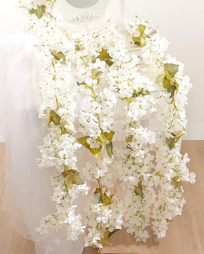 PONKING Flower Garland, Artificial Hydrangea Vine Flowers, Hanging Fake Hydrangeas Vine for Room Anniversary Wedding Birthday Christmas Wall Arch Decor, 2 Pcs, Floral Garland, White Flower