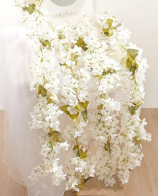 PONKING Flower Garland, Artificial Hydrangea Vine Flowers, Hanging Fake Hydrangeas Vine for Room Anniversary Wedding Birthday Christmas Wall Arch Decor, 2 Pcs, Floral Garland, White Flower