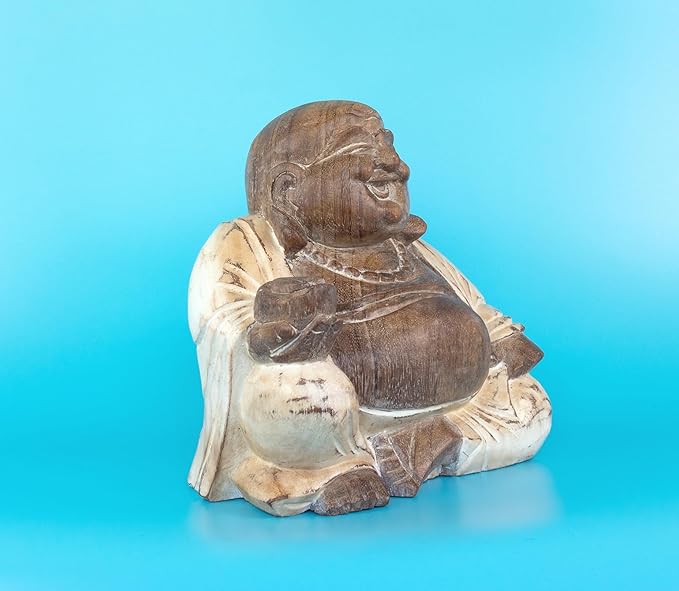 G6 Collection 8" Wooden Whitewashed Laughing Happy Buddha Statue Hand Carved Smiling Sitting Sculpture Handmade Figurine Decoration Home Decor Accent Handcrafted Art Happy Buddha (White Washed)