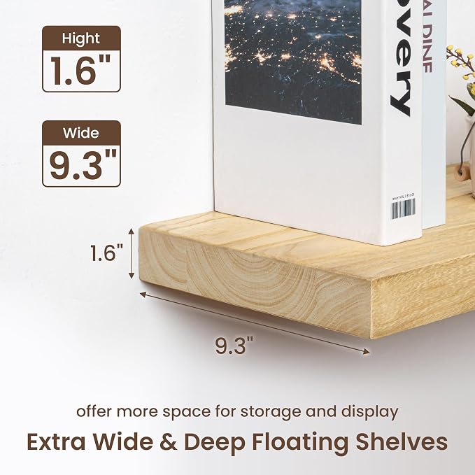 fuqing Natural Wood Floating Shelves - 48 Inch Wide x 9.3 Inch Deep x 1.6 Inch Thick Wood Wall Shelves Set of 1 - Natural Wooden Shelves for Room Decor & Storage