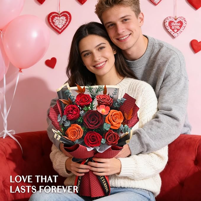 Forever Rose Flowers for Delivery, 8-Piece Preserved Roses Bouquet Birthday Gifts for Women, Long Lasting Red Roses with Gift Box for Mom, Forever Flowers with Vase for Her Wife Girlfriend