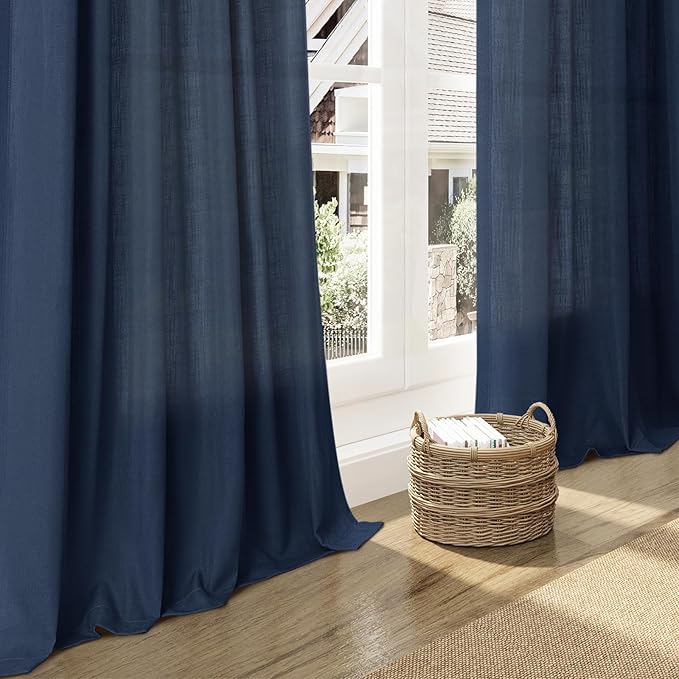 Extra Long Denim Blue Linen Curtains 120 Inch for Living Room 2 Panels Set Rod Pocket Back Tab Linen Window Drapes Semi Sheer Light Filtering Privacy High Ceiling Drapes for Farmhouse 52x120