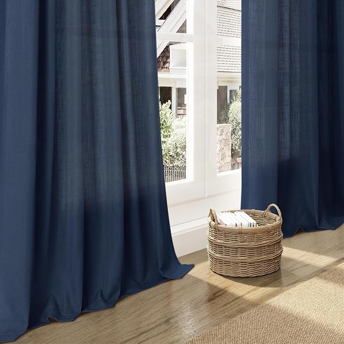 Denim Blue Linen Curtains 108 Inches Long for Living Room 2 Panels Set Extra Long Back Tab Curtain Semi Sheer Light Filtering Denim Blue Drapes Floor to Ceiling Curtains for Large Windows 52x108