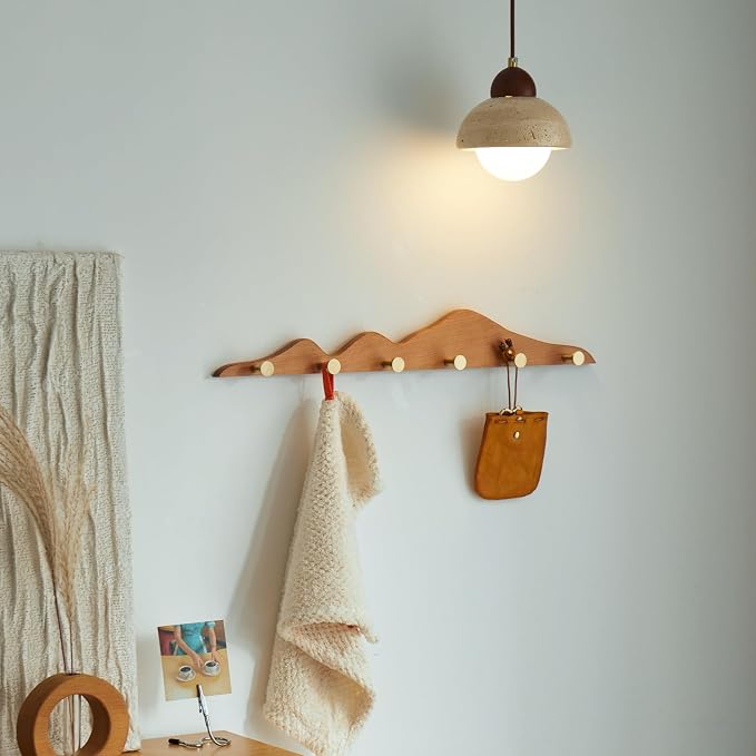 Elegant Wall Coat Rack with Hooks Cherry Wood Solid Coat Hanger Wall Mount with 6 Brass Hooks, Moisture-Resistant Wax Oil Finish for Home (Cherry, 6 Hooks)