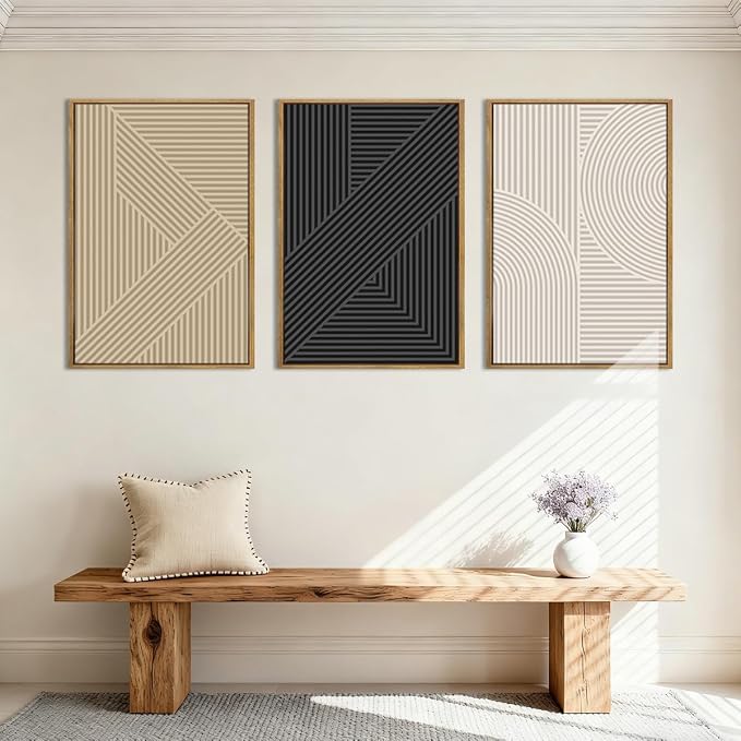 Large Neutral Abstract Wall Art Framed Mid Century Modern Canvas Paintings Artwork Geometric Wall Decor Modern Abstract Artwork Minimalist Art Prints Boho Home Decor for Living Room Bedroom Bathroom Office 36x24 Inch Set of 3