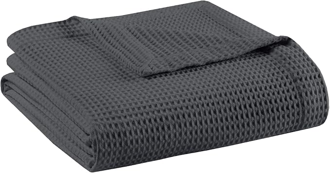 Madison Park 100% Cotton Blanket, Trendy Woven Waffle Weave Design, All Season, Lightweight, Breathable, Soft and Cozy Casual Summer Cover, for Bed, Couch and Sofa, Full/Queen, Dark Grey