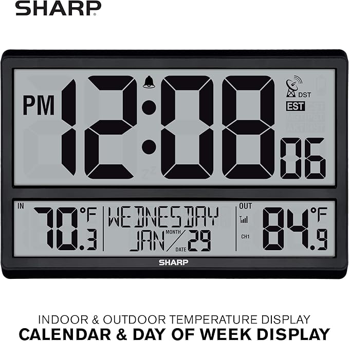 Sharp Atomic Clock - Never Needs Setting! –Easy to Read Numbers - Indoor/Outdoor Temperature, Wireless Outdoor Sensor - Battery Powered - Easy Set-Up (4" Numbers)