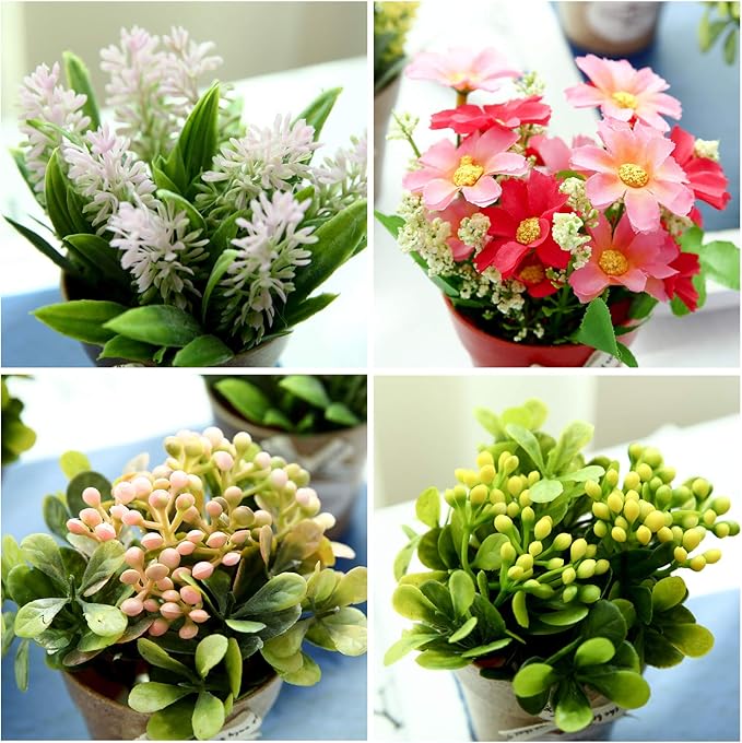 LUEUR Set of 6 Potted Artificial Flowers Fake Flowers with Vase Faux Flowers in Pot, Spring Decor for Home Office Floral Arrangement for Table Dinning Room Decoration Shelf Decor