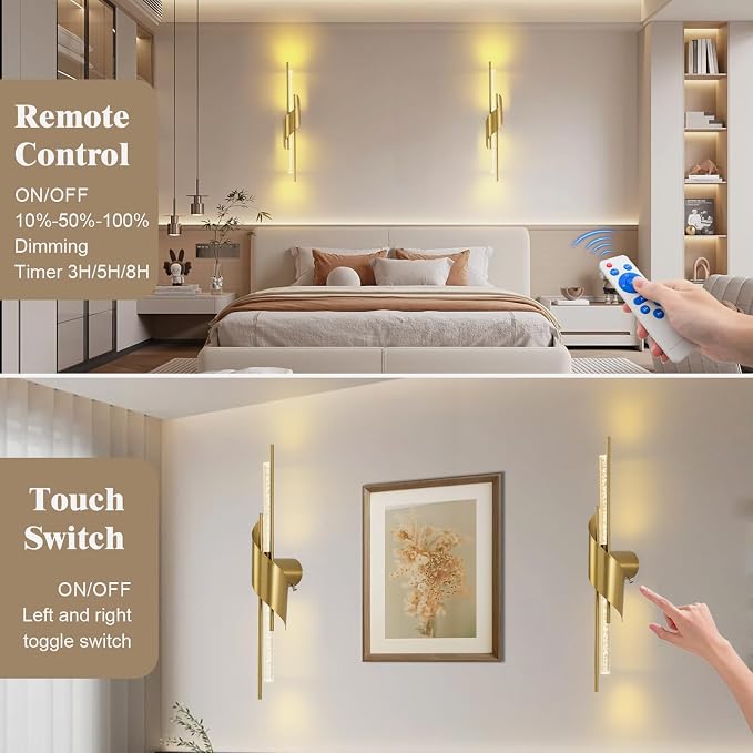 camuucci Battery Operated Wall Sconces Set of Two,Modern Wireless Wall Lights,LED Rechargeable 20000mAh Not Hardwired Remote Control Dimmable Wall Lamp Fixtures for Bedroom Gold 25 Inches