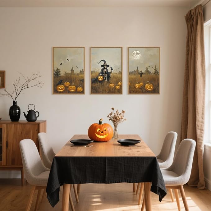 Halloween Ghost Reaper Framed Wall Art Set,Scary Witchy Pumpkin Wall Decor,Horror Night Wall Painting,Full Moon Bats Artwork for Living Room,Bedroom,Halloween Themed Party-24×36"×3