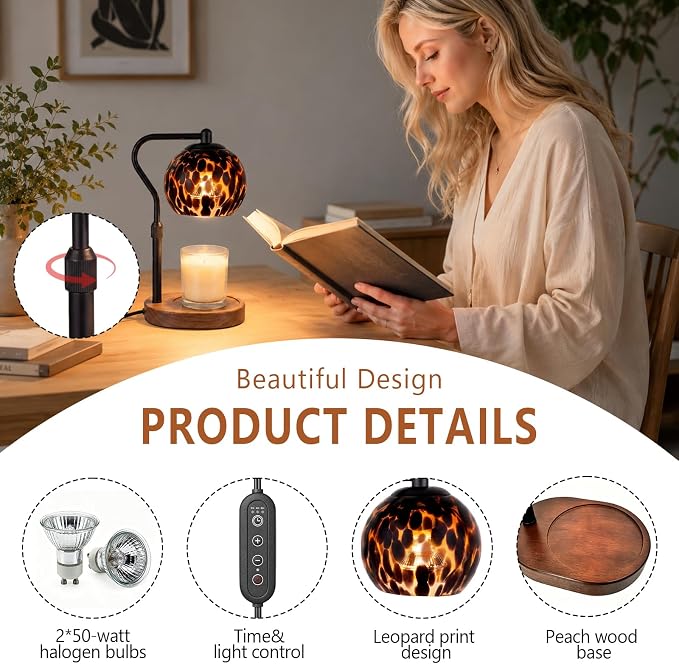 Candle Warmer Lamp with Timer & Dimmable Brightness Levels, Adjustable Height Wax Melt Lamp for Jar Candles, Tortoise Shell Glass Shade with Wooden Base, House Warming Decor Gifts Mothers Day Gifts