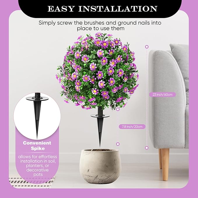 FAJUNZH Artificial Topiary Bushes for Outdoors with Spike, Boxwood Ball Fake Shrubs UV Resistant Faux Plants for Indoor Outdoor Fall Thanksgiving Halloween Decor (Sunflower Boxwood Purple -2 Packs)