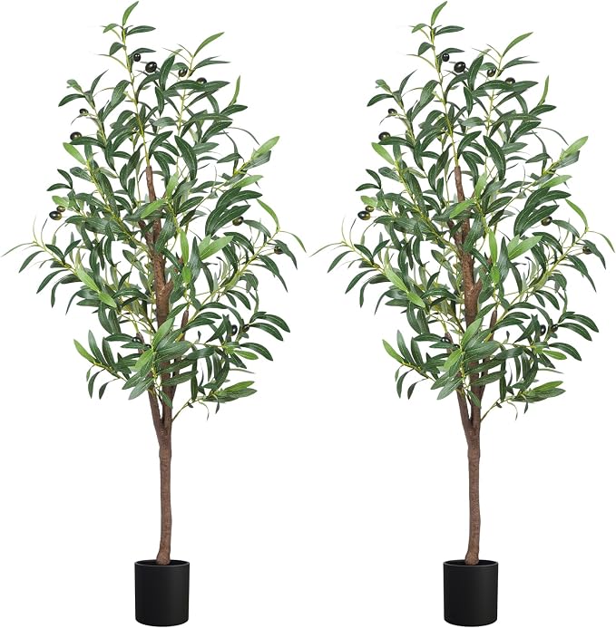 4FT Artificial Olive Tree, Faux Potted Olive Plant with Realistic Trunk, 436 Leaves & 16 Fruits,Fake Olive Tree for Home Office Indoor Outdoor Decor (Set of 2)