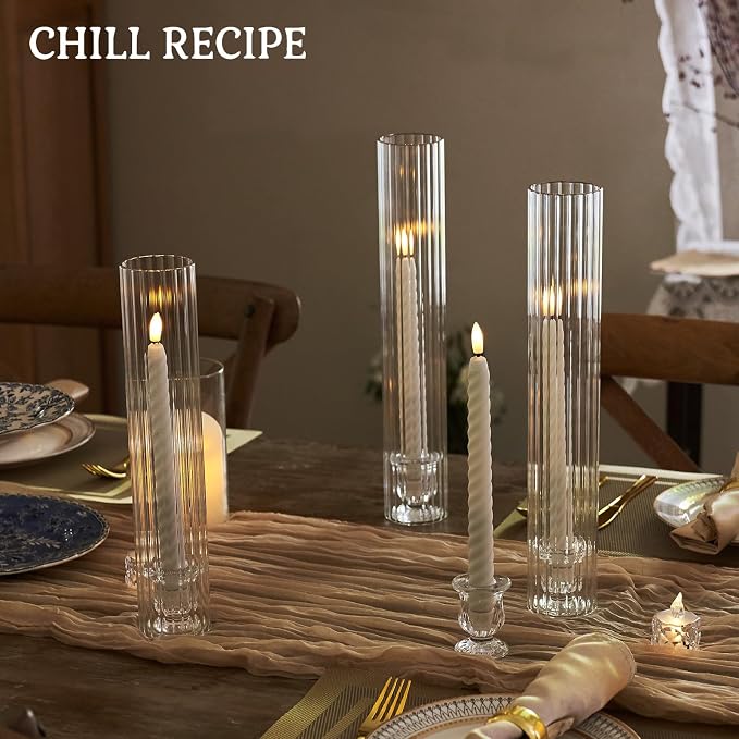 CHILL RECIPE Hurricane Glass Candle Holders-Set of 6 Tall Taper Candle Holder with 12” Tall Clear Cylinder Covers for Wedding Table Centerpiece Home Decor (Floral Base+Ribbed Chimney)