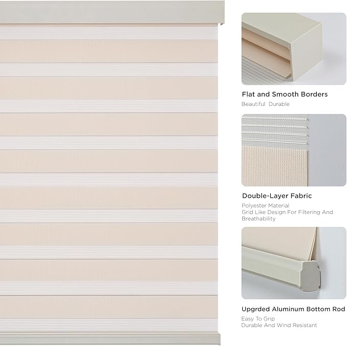 Joydeco Cordless Zebra Blinds (Pro), Dual Layer Light Control Zebra Blinds for Windows, Light-Proof Aluminum Cover, Free-Stop Roller Shades for Home & Office (Beige,34.5" W x 75" H)
