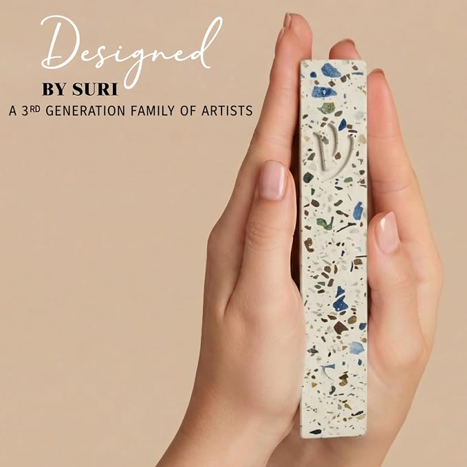 SURI Mezuzah with Non Kosher Scroll for Door – 5 Inch Terrazzo Cream and Turquoise Mezuzah Case, Self-Stick Modern Mezuza Cover, Fits a 4 Inch Scroll, Gift Box Included