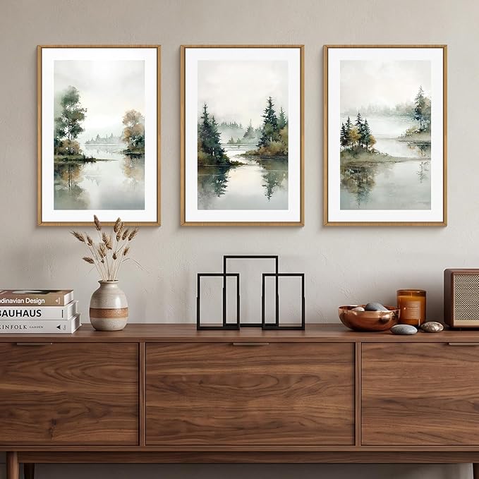 Large Foggy Forest Landscape Framed Canvas Wall Art Set,Natural Lake Scenery Wall Decor,Watercolor Pine Tree Art Painting for Living Room,Bedroom,Dining Room,Office -16"x24"x3