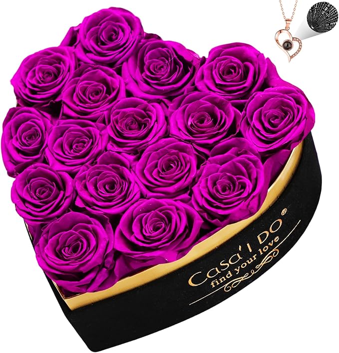 Casaido Preserved Roses Flowers for Delivery 16 Pcs, Mothers Day Rose Gifts for Her, Forever Flores in Heart Box with Necklace, Anniversary Birthday Christmas Vanlentines Gift for Wife Mom, Purple