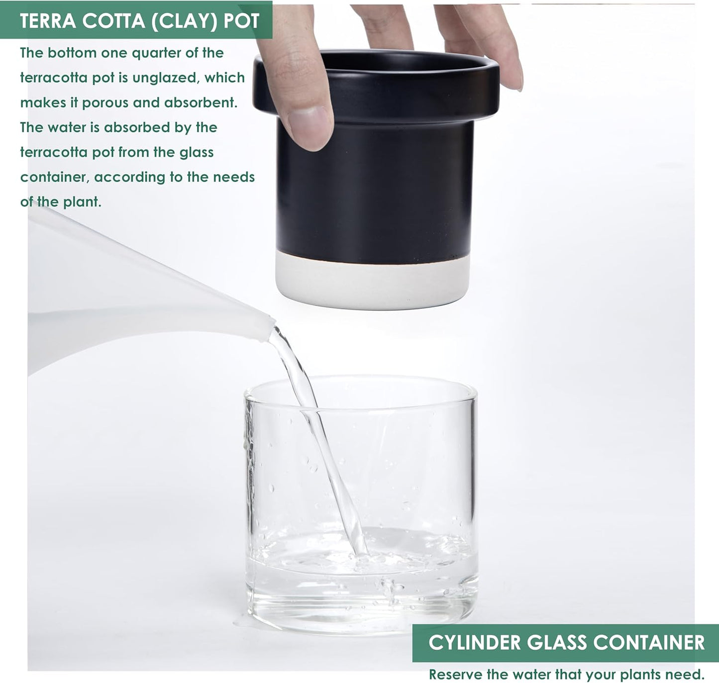 Phoenix Vine 4 Inch Self Watering Terracotta Planter, Black Terracotta Clay Pot with Glass Reservoir for Indoor Plants, Herbs, Flowers, Set of 1, 52-C-E-1