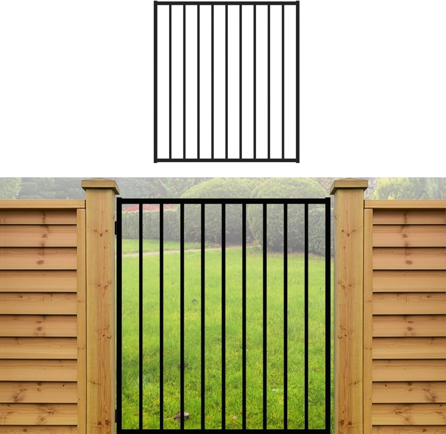 Black Metal Gate, 3.5' W x 4' H, Rustproof Outdoor & Pool Gate, Easy DIY Installation to Iron Fencing, Wood or Brick Walls, Stainless Steel Hinges & Self-Locking Latch