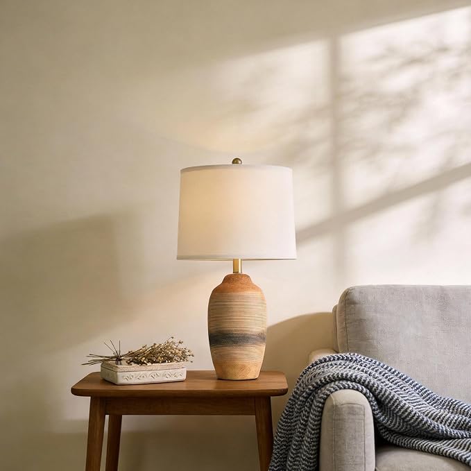24.5" Handcrafted Ceramic Table Lamp with 5FT Cord, Single Farmhouse Vintage Rustic Bedside Lamp for Living Room Bedroom, Linen Shade Nightstand End Table Decor (Bulb Not Included)Earthy Yellow
