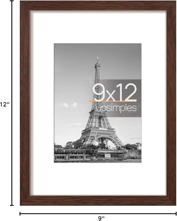 upsimples 9x12 Picture Frame, Display Pictures 6x8 with Mat or 9 x 12 Without, Wall Hanging Photo Frames, Brown, 1 Pack