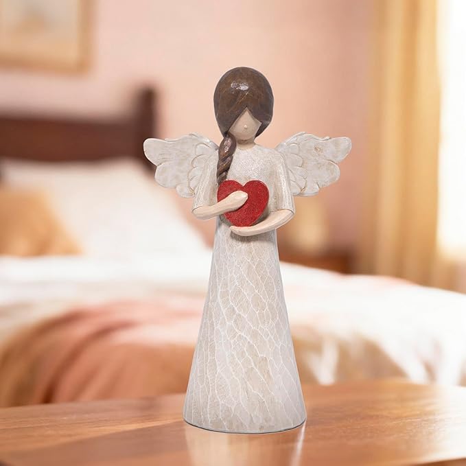 Hodao Angel Figurine with Heart — Wood-Carved Look Resin Christmas Decorations, Indoor Home Decor Ornaments, 8.5" Tall Guardian with Red Heart, Hand-Painted Figurines for Shelf, Mantel & Gift-Giving